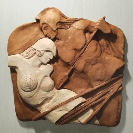 Achille e Pentesilea, terracotta e ingobbio, cm 34x34 - 2019